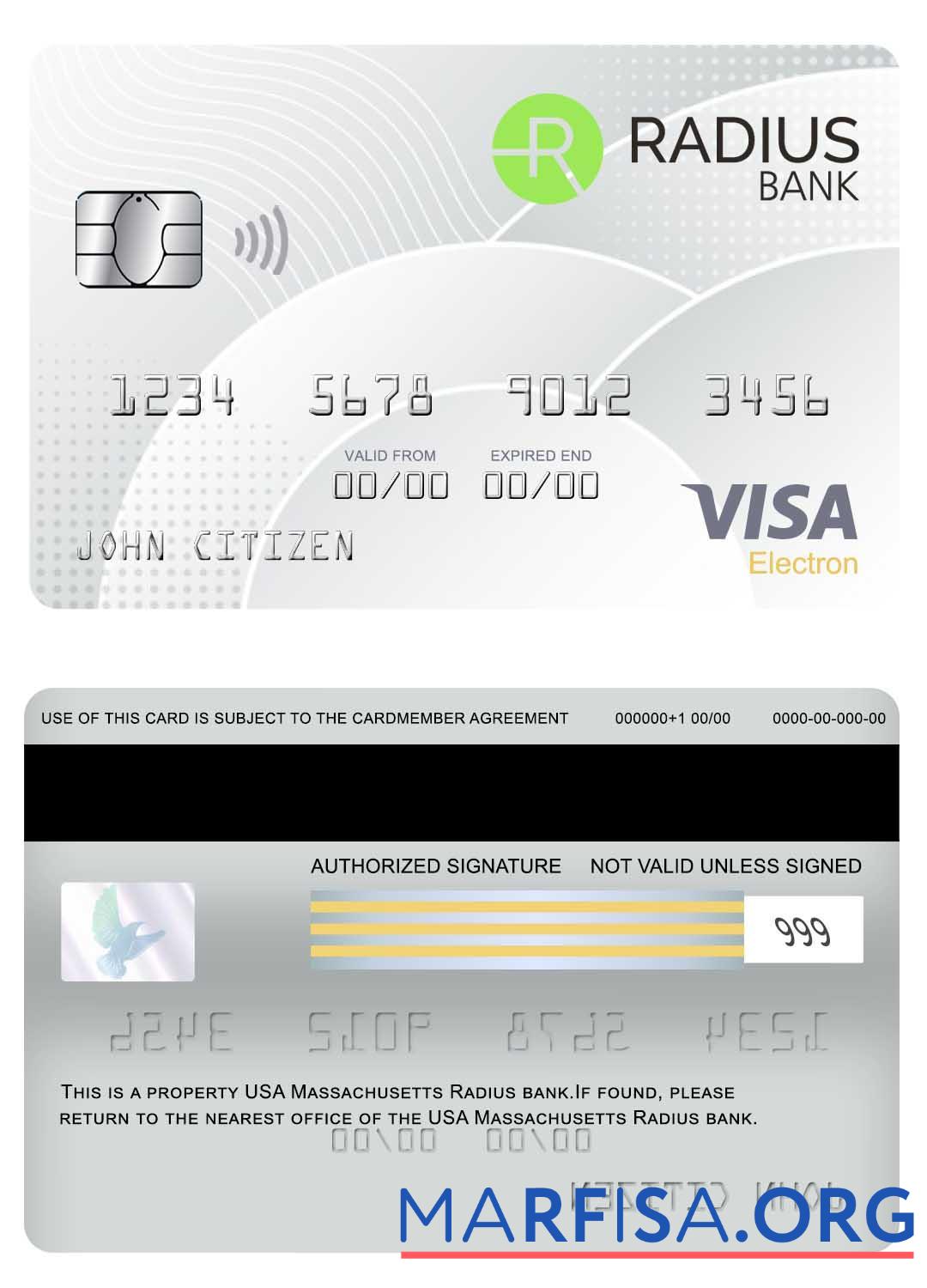 Printable USA Massachusetts Radius visa electron card template